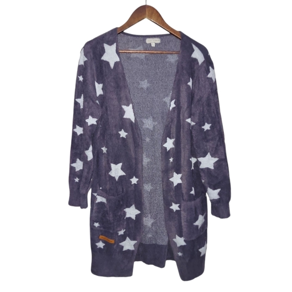 Simply Southern Star Print Fuzzy Open Front Cardigan Sweater